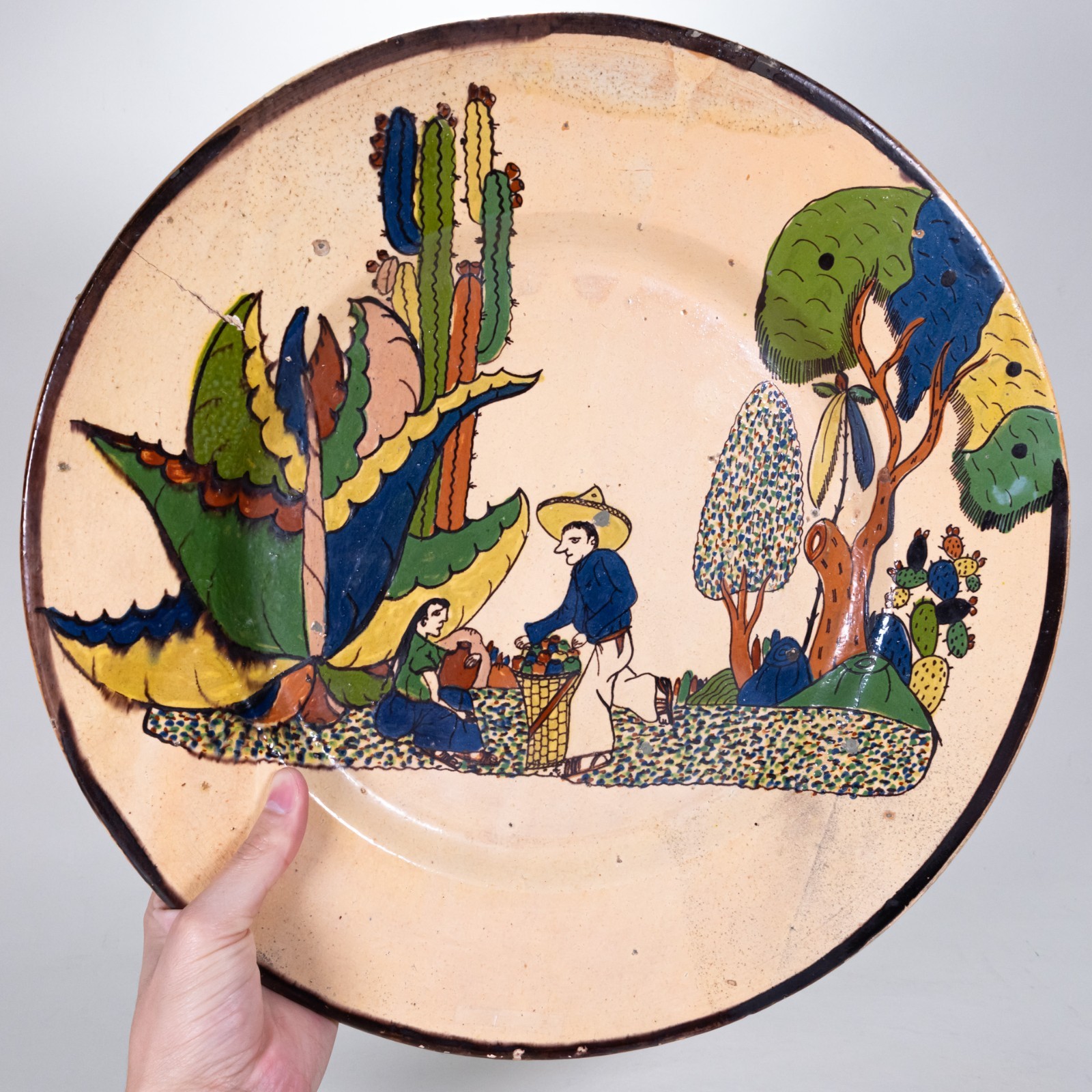 Large c.1930/40s Vintage Tlaquepaque Mexican Pottery Charger - 15.5\