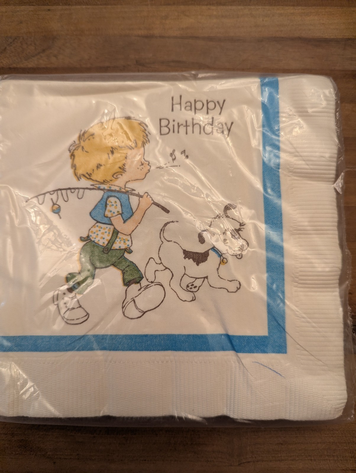 Vtg American Greetings Fishing Boy Dog Happy Birthday Paper Napkins USA NOS Seal