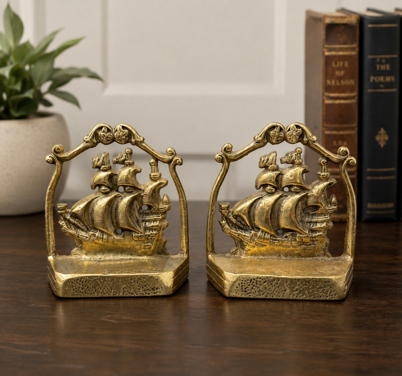 Vintage Solid  Brass Pirate Ship Bookends Heavy