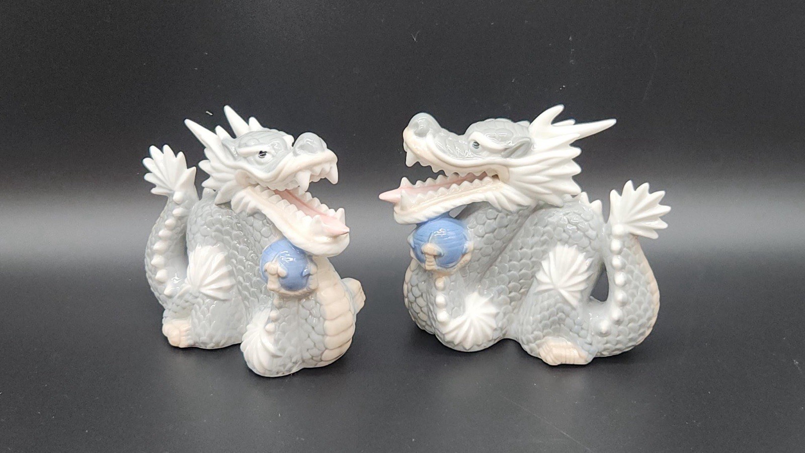Vintage TKN Japan Yoshimi K Porcelain Dragon Figurines Pair Gray Blue