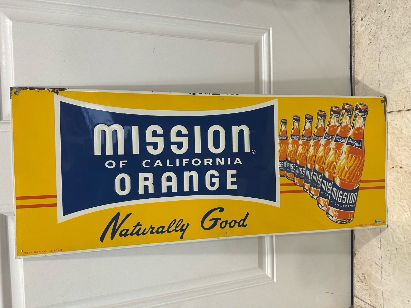 Vintage MISSION ORANGE Soda Tin Sign Original Rare Of California Embossed Bottle
