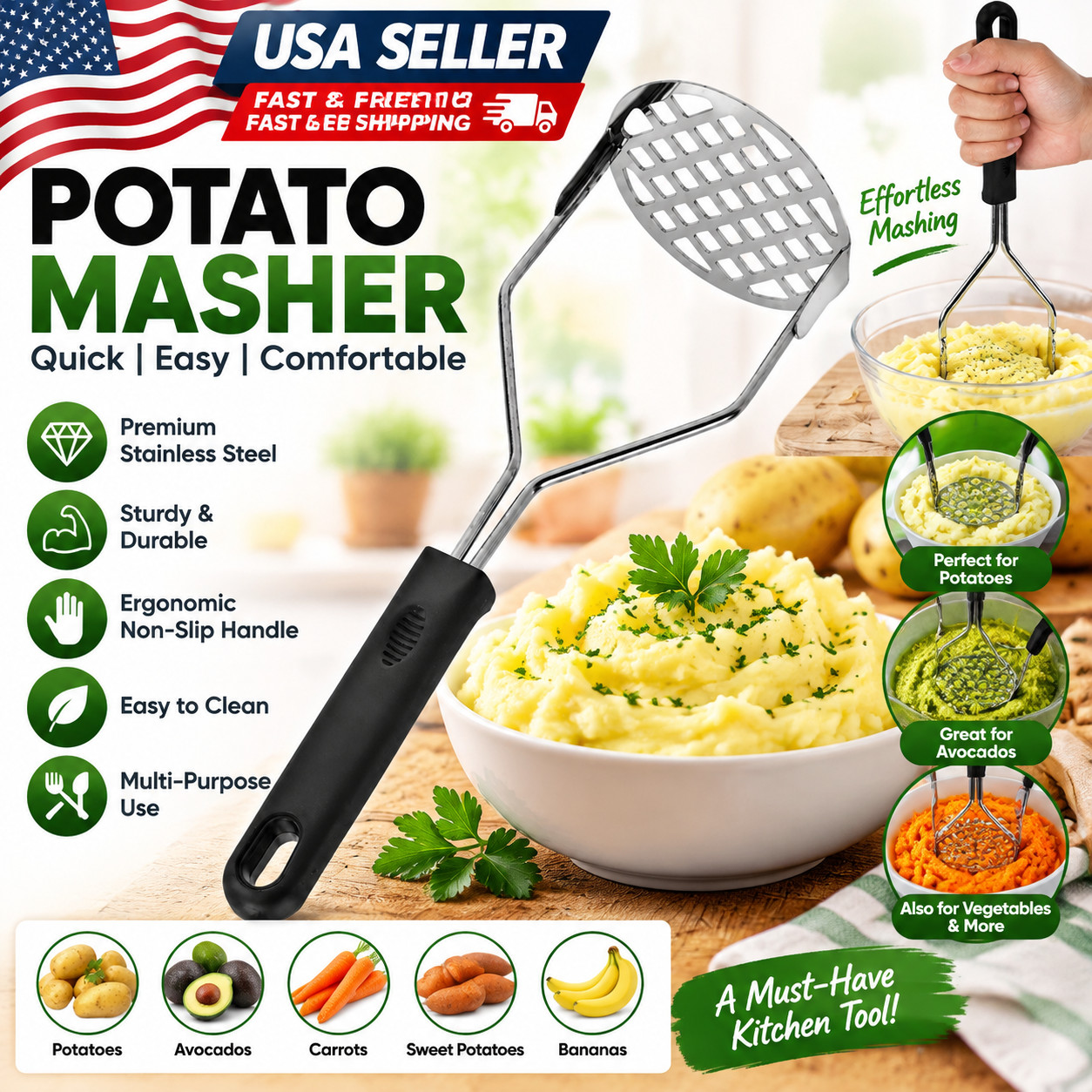 Potato Masher Stainless Steel Potato Press Manual Masher Kitchen Gadget Potato Masher Stainless Steel Potato Press Manual Masher Kitchen Gadget