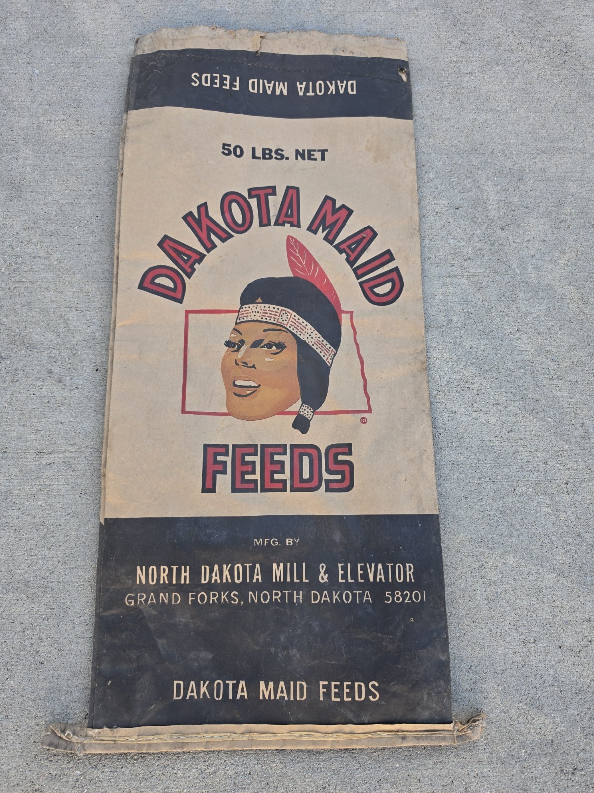Rare Vintage 1960s Dakota Maid 50 Pound Feed Paper Sack Native American Logo