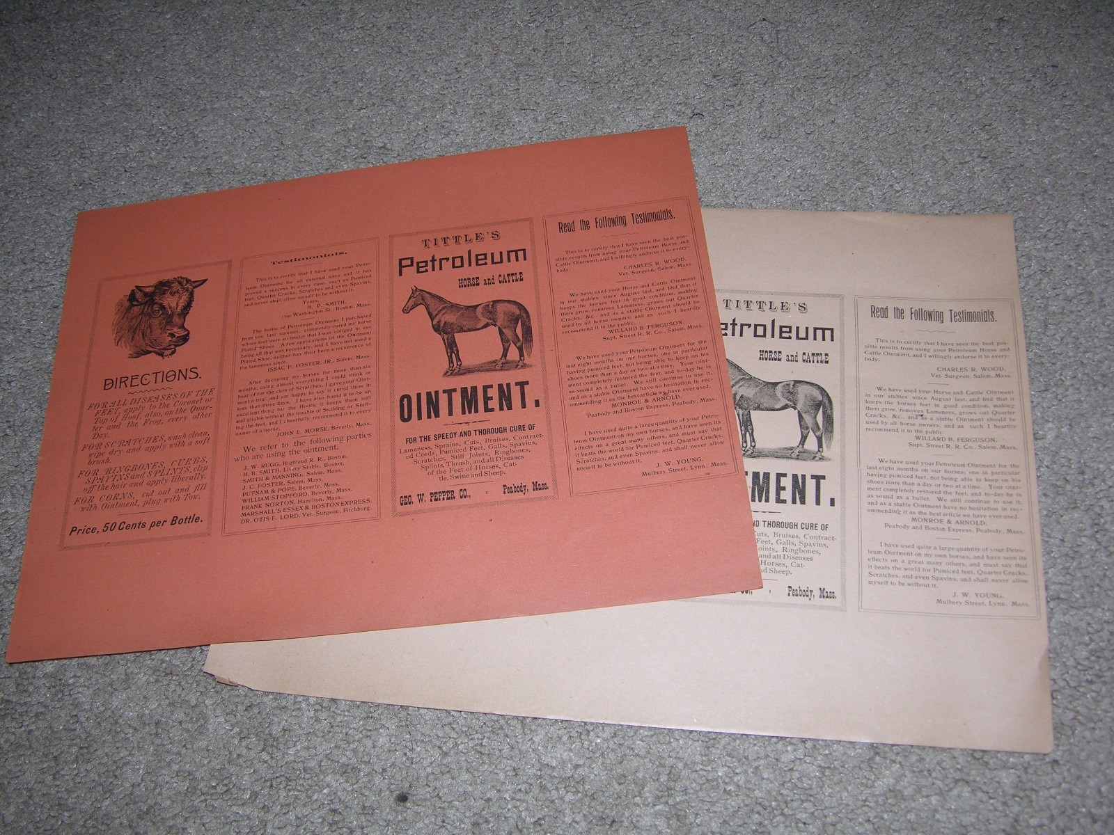 2 Antique Tittle's Petroleum Horse & Cattle Ointment Bottle/Box Label,Peabody MA