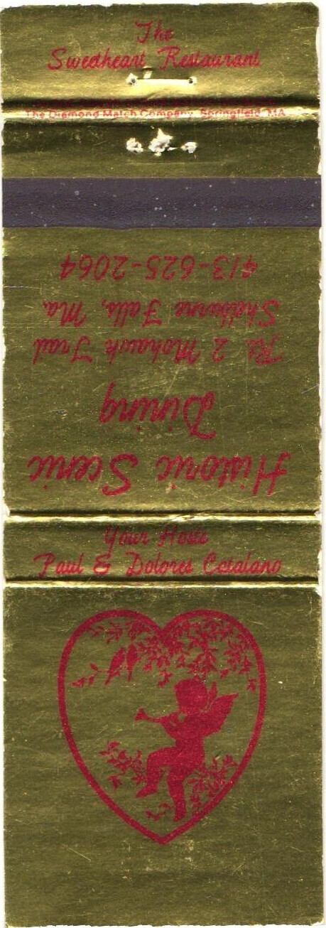 Sweetheart Restaurant Shelburne Falls MA Vintage Matchbook Cover 1960s-70s