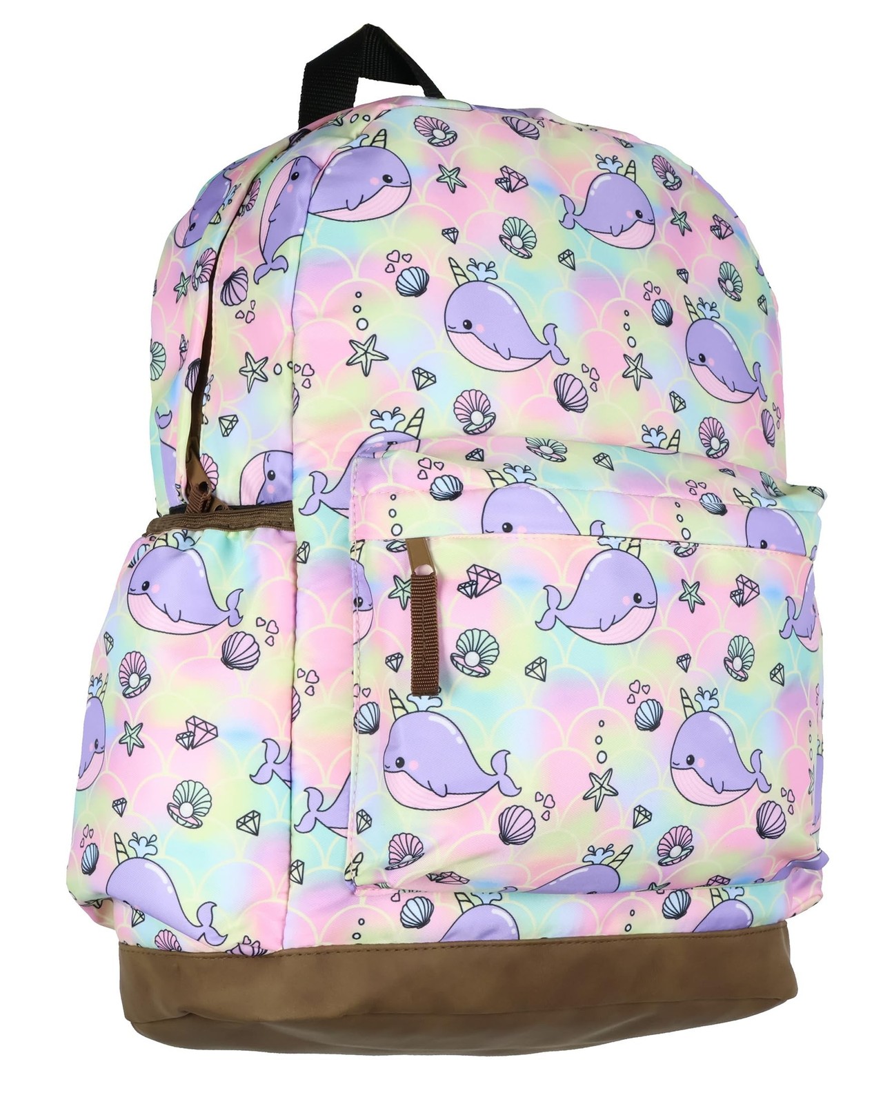 Narwhal Backpack Unicorn Of The Sea Allover Whale Design with Faux Leather Bo...