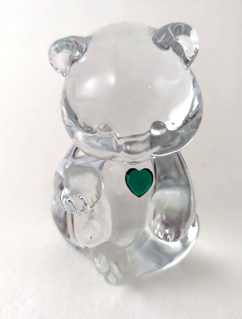 Fenton May Birthday Bear Figurine Clear Glass Emerald Green Heart Fenton May Birthday Bear Figurine Clear Glass Emerald Green Heart