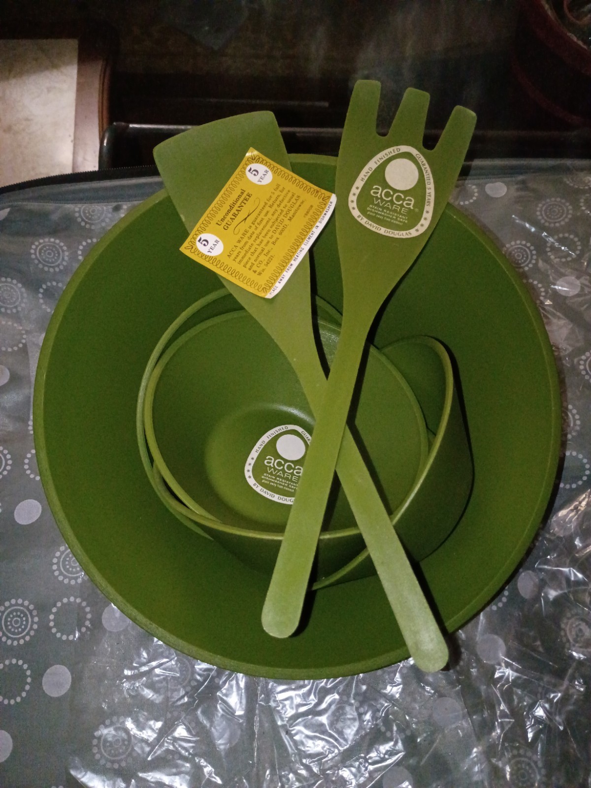 Vintage Acca Ware David Douglas Avocado Green Salad Serving Set 7 Pieces NOS