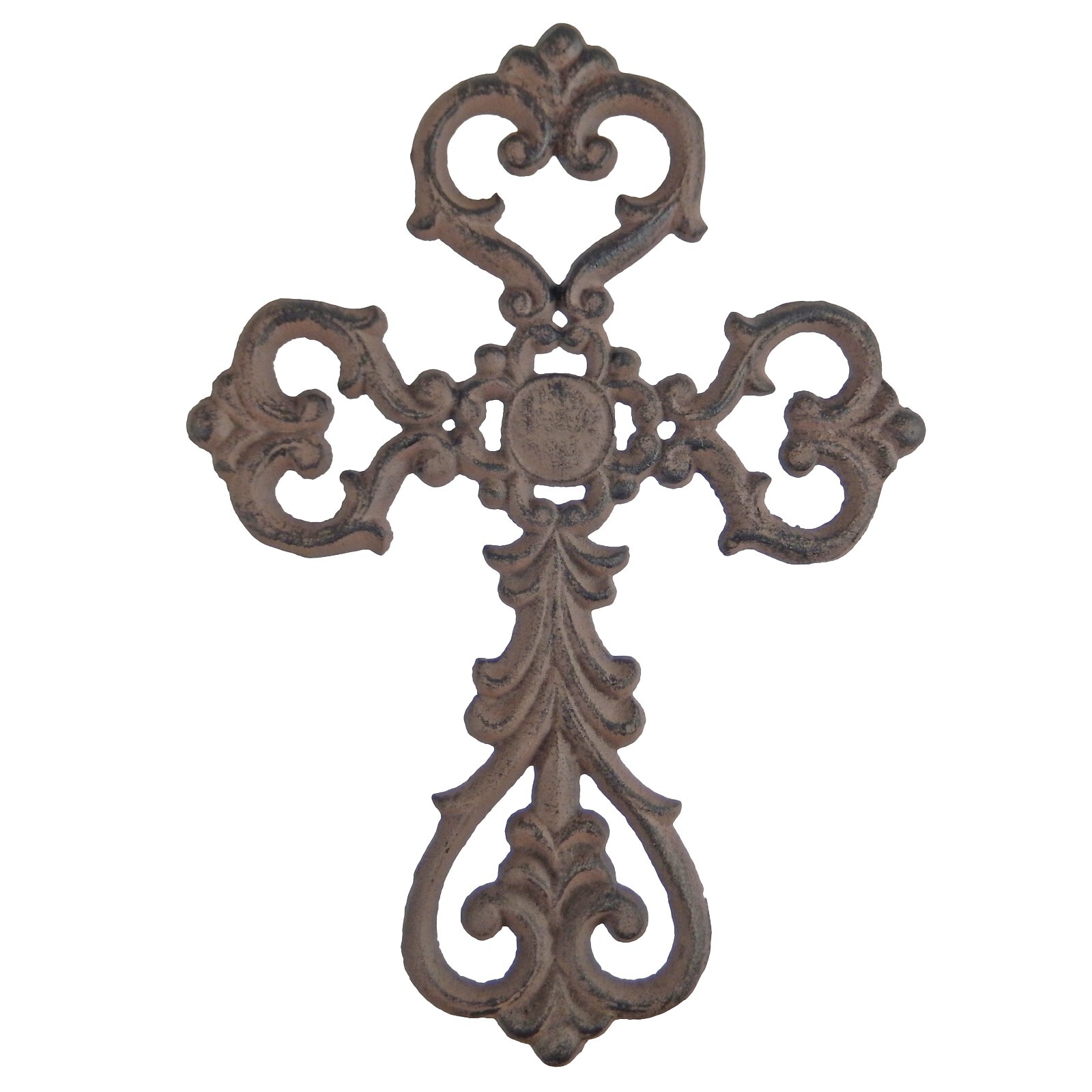 Cast Iron Ornate Fleur De Lis Floral Cross Wall Decor Antique Style Brown 10.75\