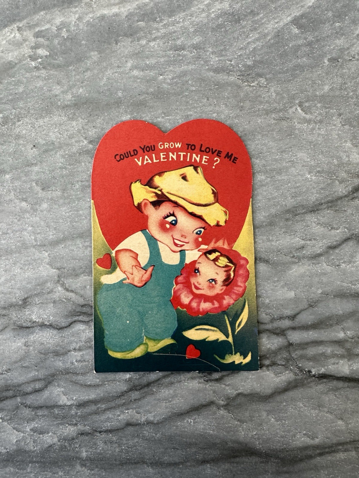 Rare Vintage Valentine Farmer Boy Anthropomorphic Pretty Pink Flower Girl Garden