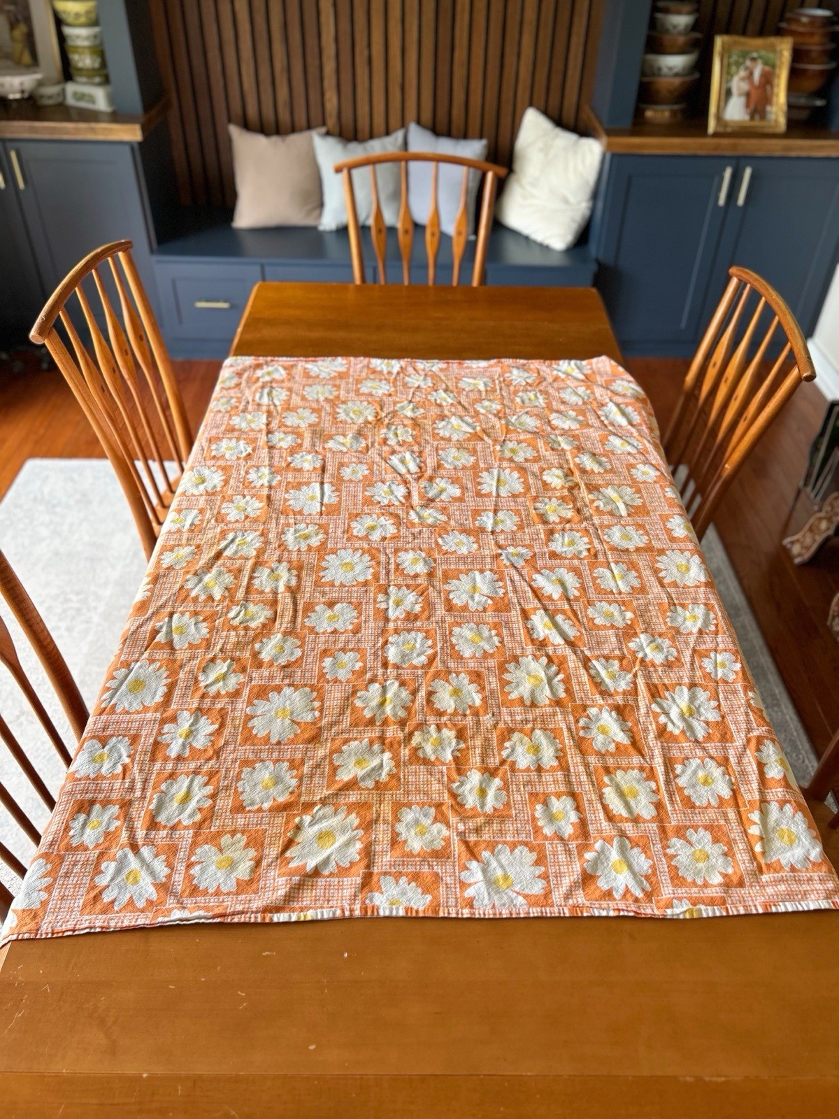 Vintage Daisy Tablecloth 70s Handmade FLAWED Mid Century Retro