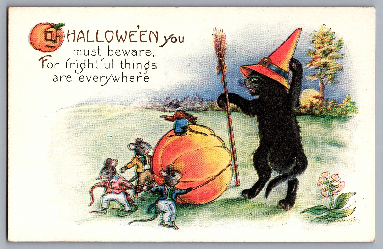 Antique Halloween Postcard Whitney Anthropomorphic Black Cat Witch Hat Mice WH7