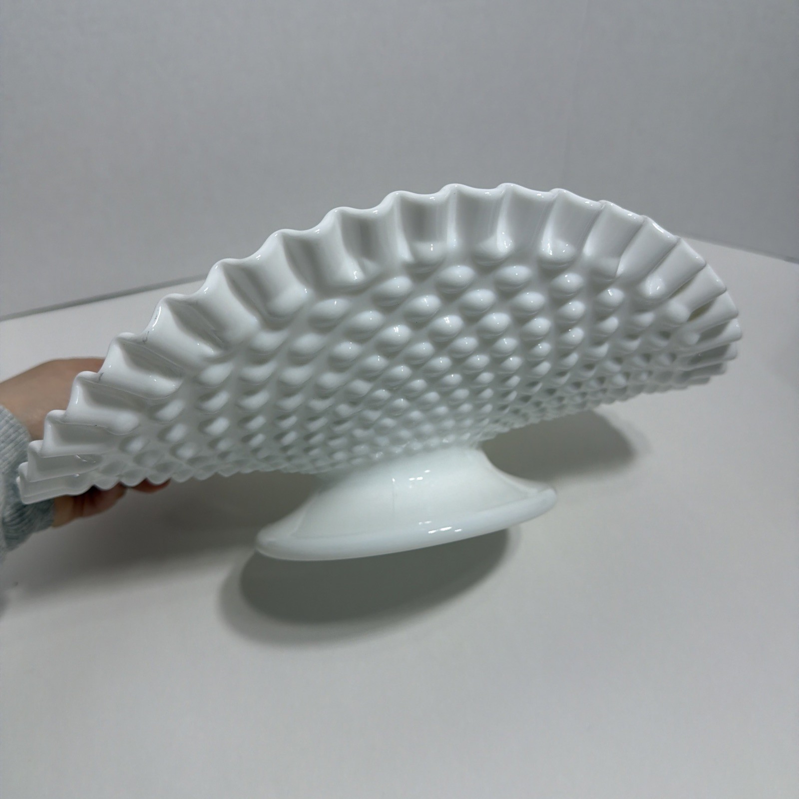 Large - VINTAGE Fenton Hobnail White Milk Glass Footed Banana Fruit Stand Large - VINTAGE Fenton Hobnail White Milk Glass Footed Banana Fruit Stand