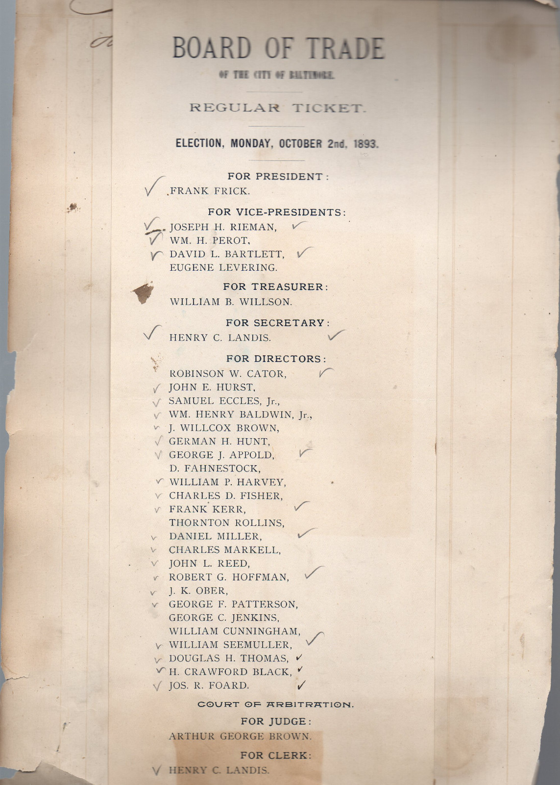 RARE 9-2-1893 BALTIMORE MARYLAND Board Of Trade Election Original Good Shape RARE 9-2-1893 BALTIMORE MARYLAND Board Of Trade Election Original Good Shape
