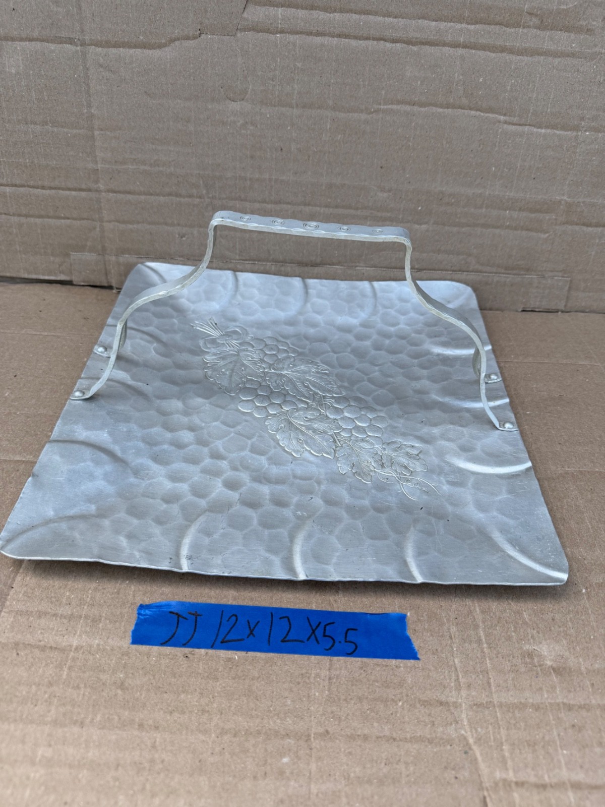 Vintage Hand Forged Aluminum Grape Leaf Handled Serving Tray 12”