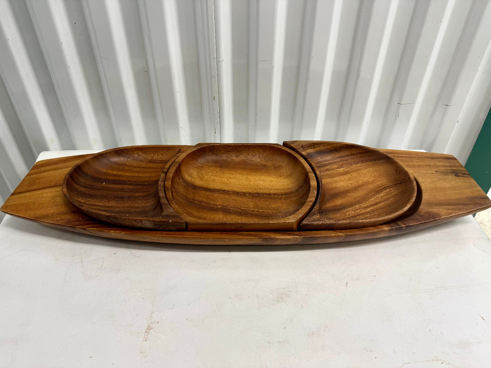 Vintage Royal Acacia MCM Monkey Pod Wood 26” Divided Serving Tray W/ Bowls