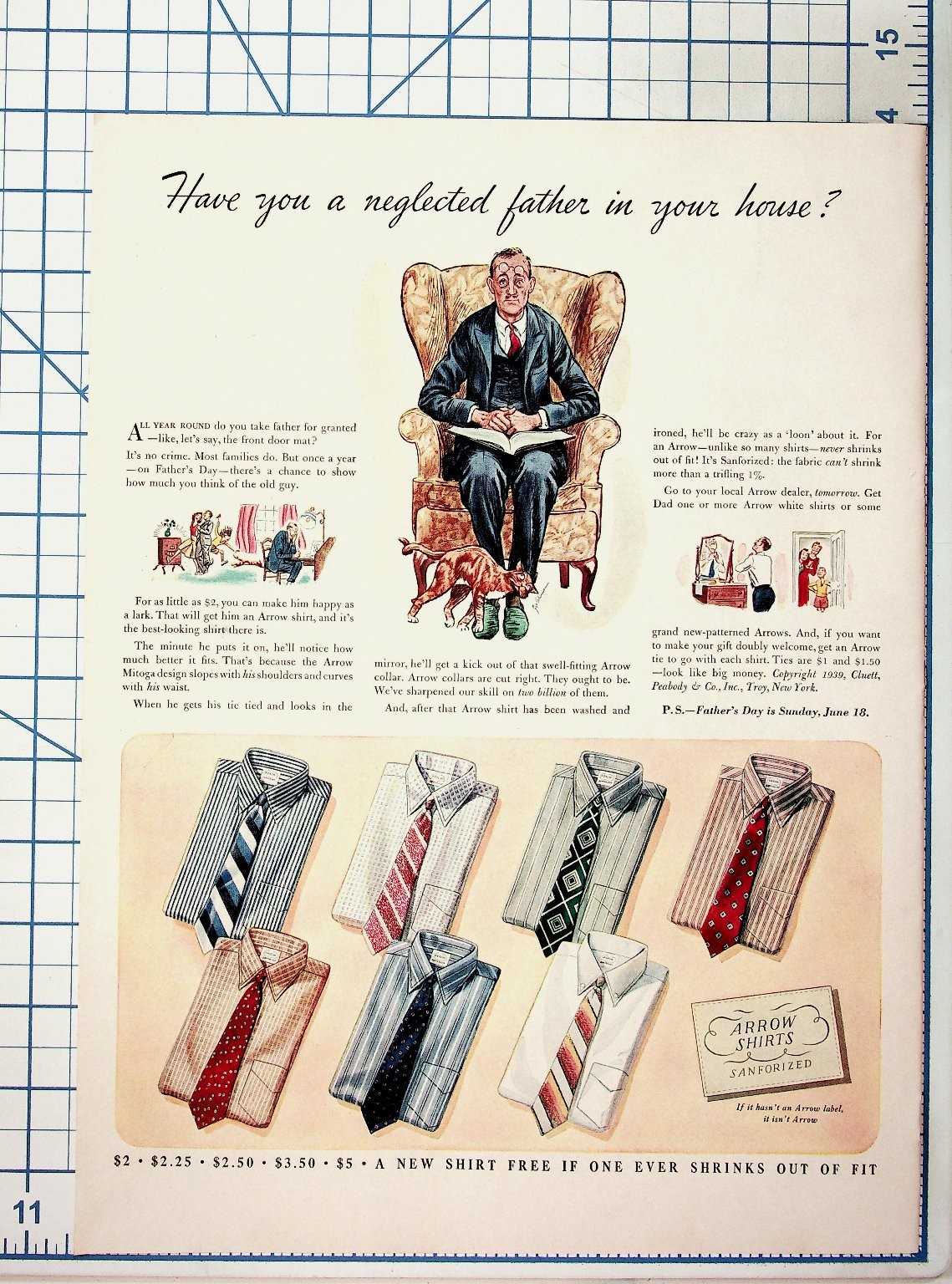 1939 Arrow Shirts Vintage Ad Father\'s Day Sanforized Cluett Peabody New York