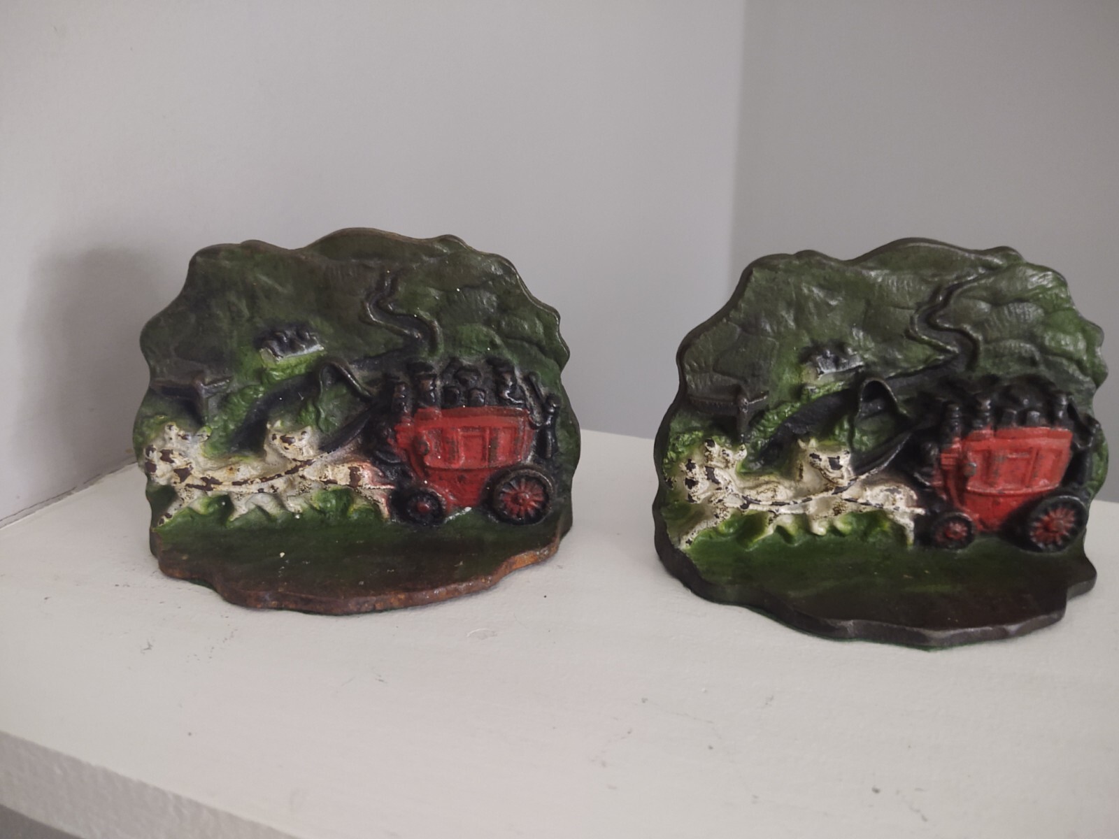 Antique Cast Iron Horse Drawn Stagecoach Carriage Bookends w/ EXC Original Paint