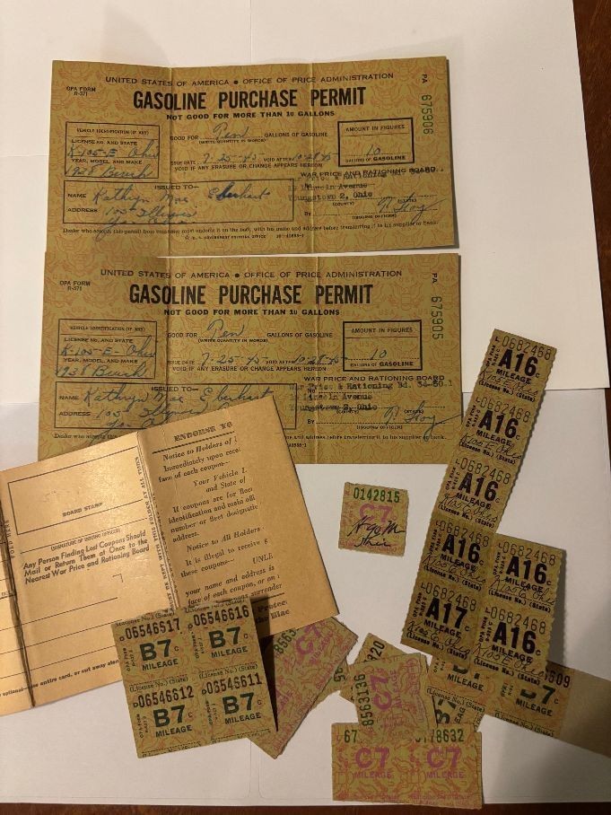 Vintage WWII Ohio Gasoline Purchase Permits and Coupons