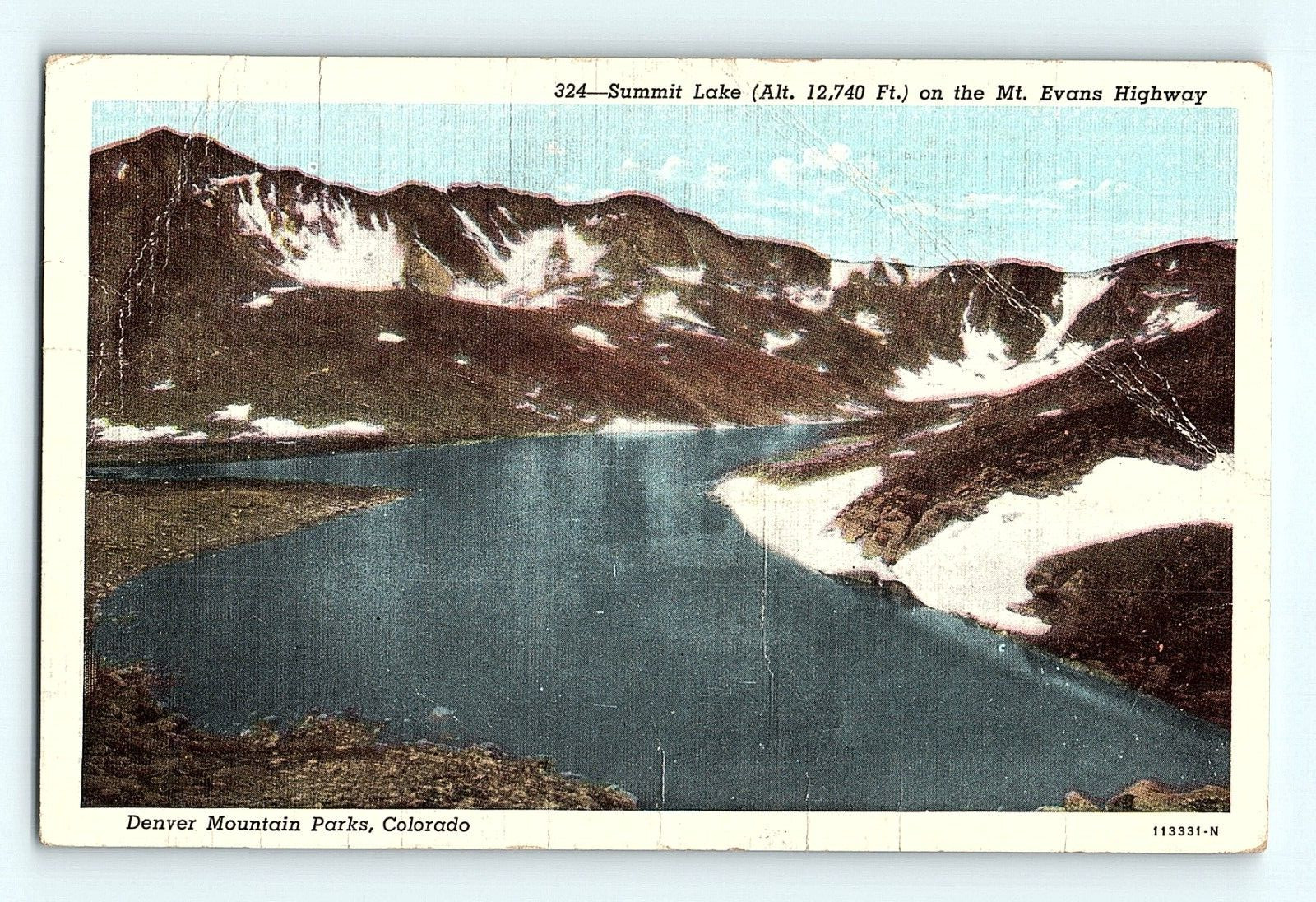 c1940s Denver Mtn Parks Colorado SUmmit Lake on Mt Evans Hwy Linen Postcard G6