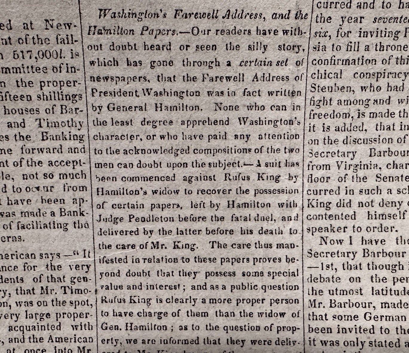1825 George Washington Farewell Address Conspiracy Hamilton NH Newspaper