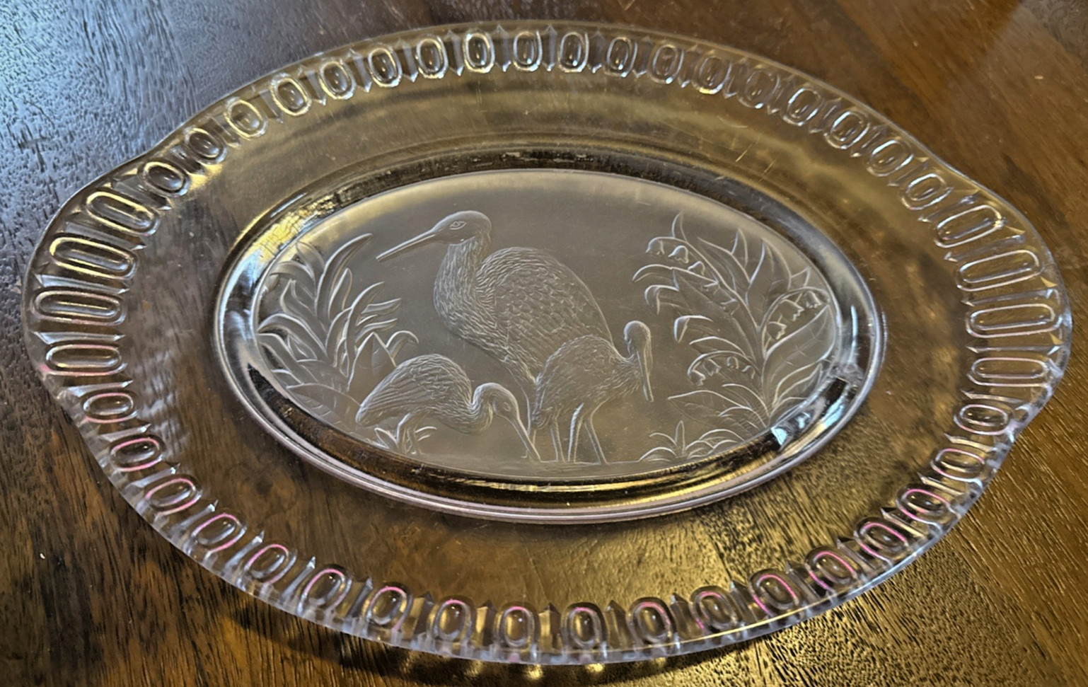 Antique EAPG Iowa City Flint Glass Bread Plate Frosted Stork Crane Pattern 1881