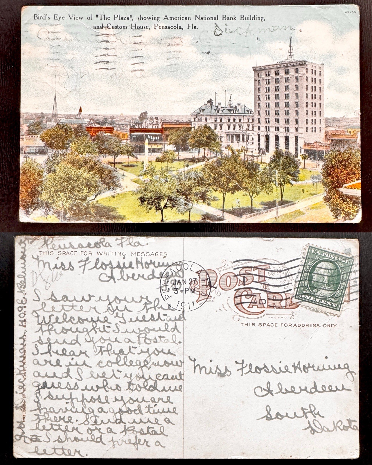 1911 Bird's Eye View Plaza American National Bank Custom House Pensacola Fl B5
