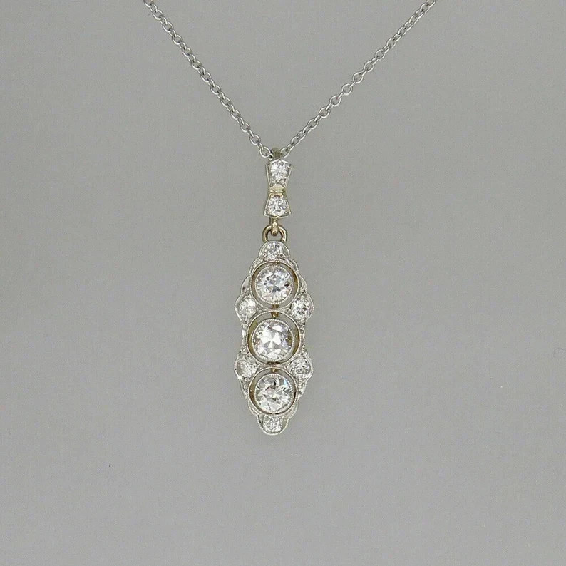 Vintage Style Diamond 3-Stone Drop Pendant Necklace 14K Two-Tone Gold Plated 18\'