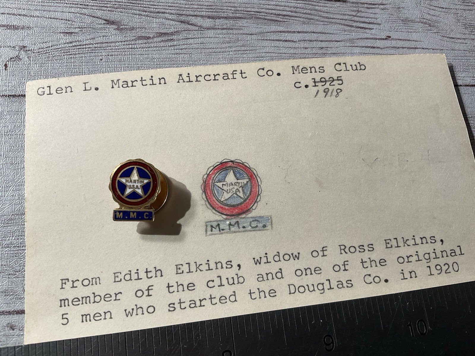 ORIGINAL WWI GLEN MARTIN AIRCRAFT CO PIN BADGE FROM FOUNDER
