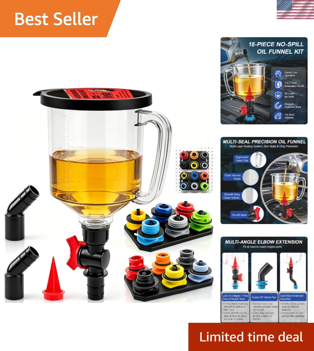 18pcs Engine Oil Funnel Kit 1.36L Compatible With Most Vehicles with 12 Adapters