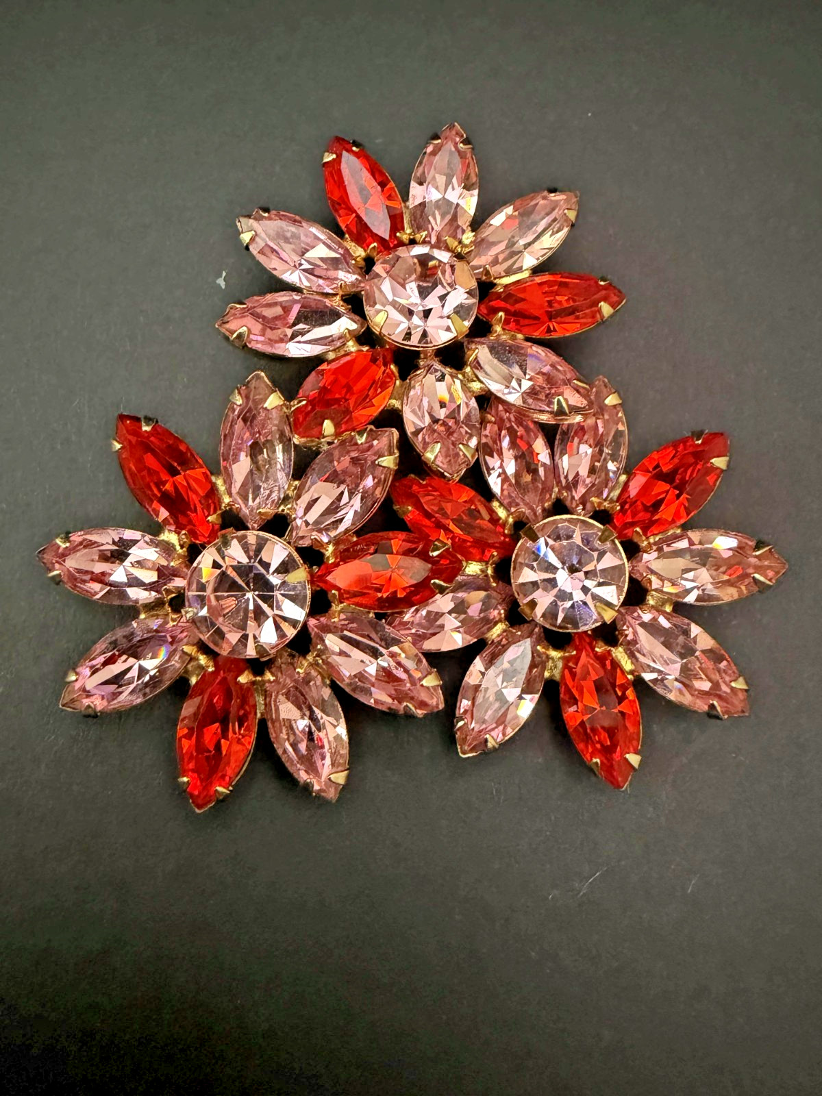 Vintage Weiss Pink & Rose Marquise Rhinestone Brooch Prong Set 1950s Jewelry