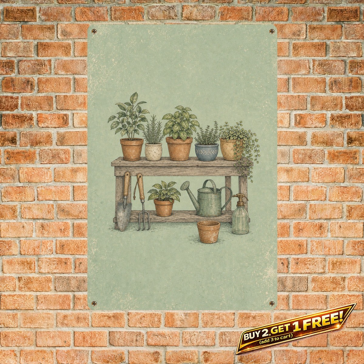 Sage Gardening Illustration Potted Plants and Tools Metal Tin Sign