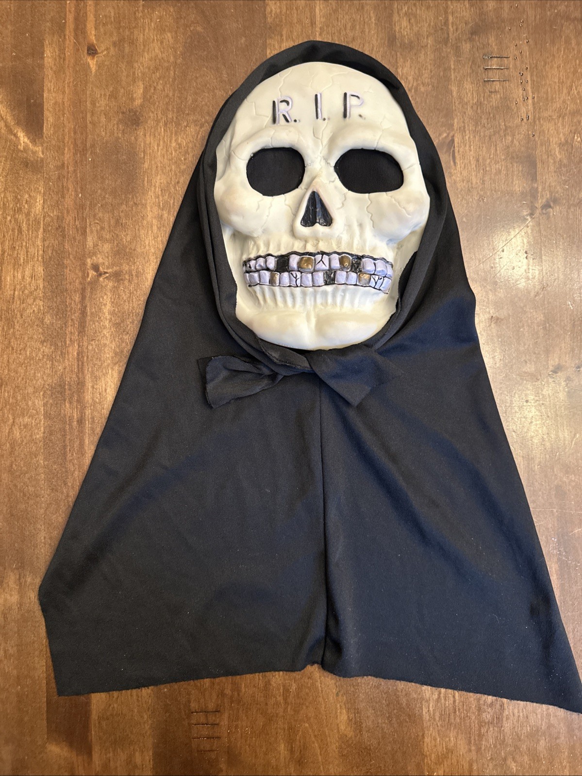 Vtg Fun World Grim Reaper Mask Gold Teeth Shroud Skull 9205 RIP Creepy Halloween