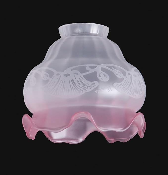 NOS Frosted & Floral Etched Pink Ruffled Top Shade, Tulip-Shape, 2” Lip Fitter