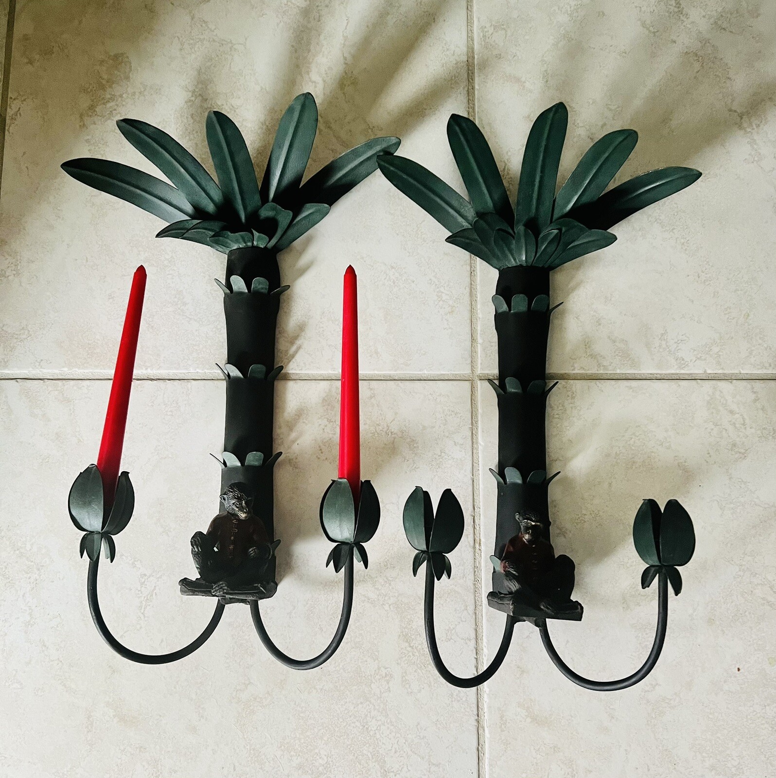 Set 2 Rare Vintage Hand Painted Cast Iron Palm Tree Monkey Wall Candle Sconces