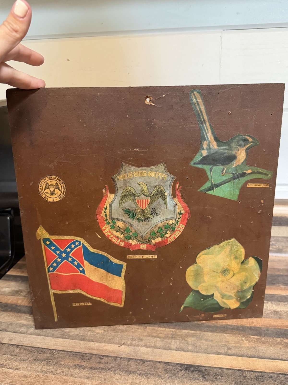 Vintage Mississippi Folk Art Decoupage Plaque Historic State Flag Magnolia 12x12