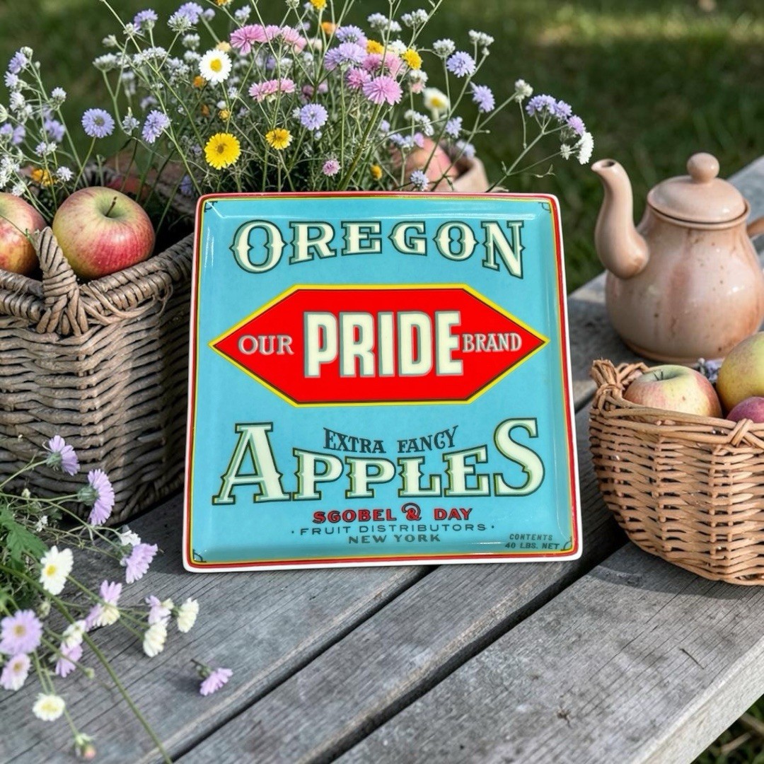 Rare Rosanna Vintage Fruit Crate Label Oregon Apple Porcelain Square Plate Used