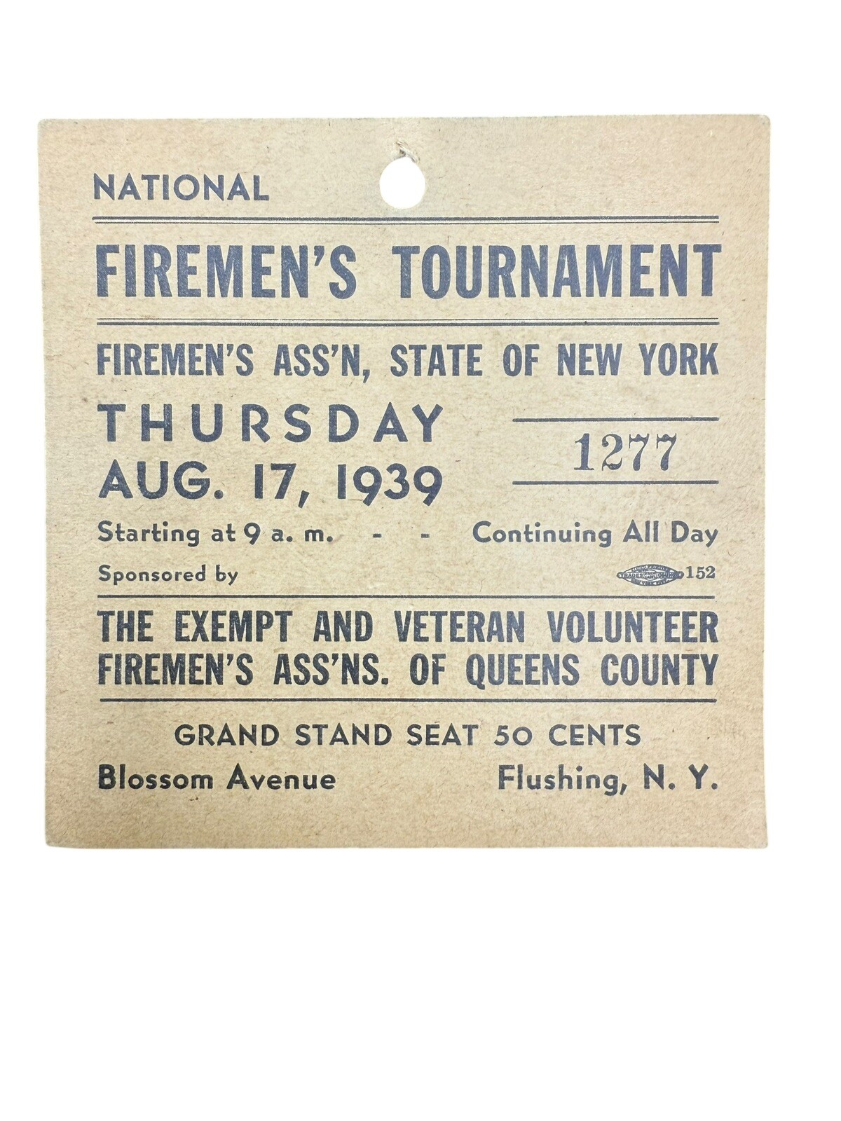 1939 National Fireman’s Tournament Ticket FASNY Flushing Queens Exempt Veteran