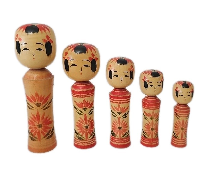 Vintage 5 Japanese Kokeshi dolls  Traditional Japanese Art Object 