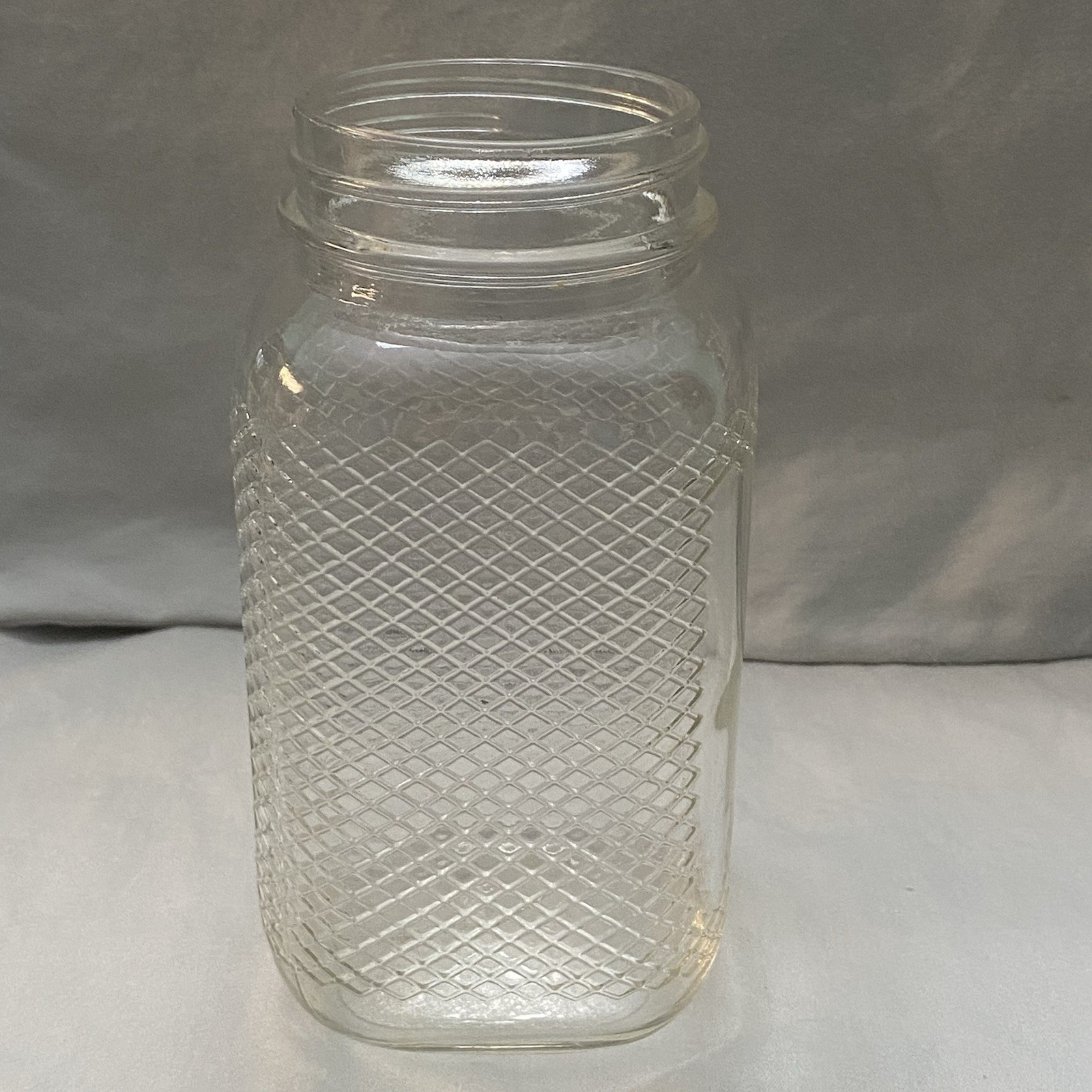Vtg Hazel-Atlas Diamond Quilted Grid Style Square Glass Quart Jar 1930s Art Deco
