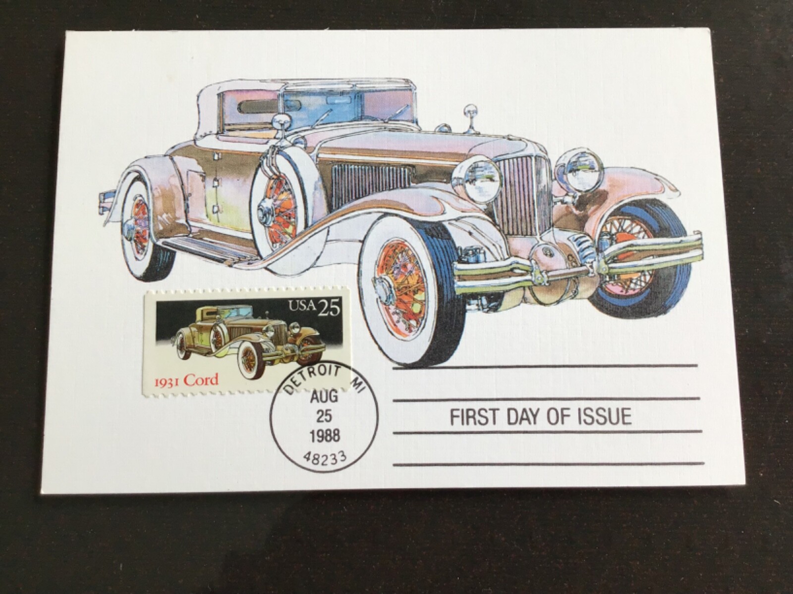 1931 Cord First day of issue post card, lowest price, FREE S&H