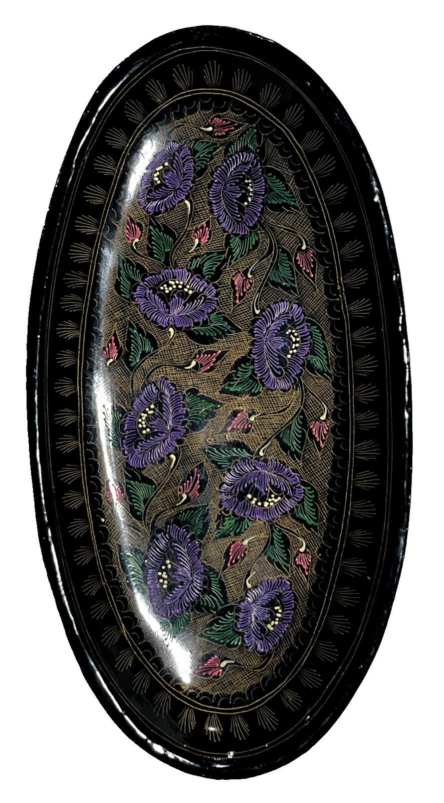 VTG Kashmiri Wood Lacquer Tray Hand Painted Engraved Floral Oval Vanty Dish 10x5 VTG Kashmiri Wood Lacquer Tray Hand Painted Engraved Floral Oval Vanty Dish 10x5