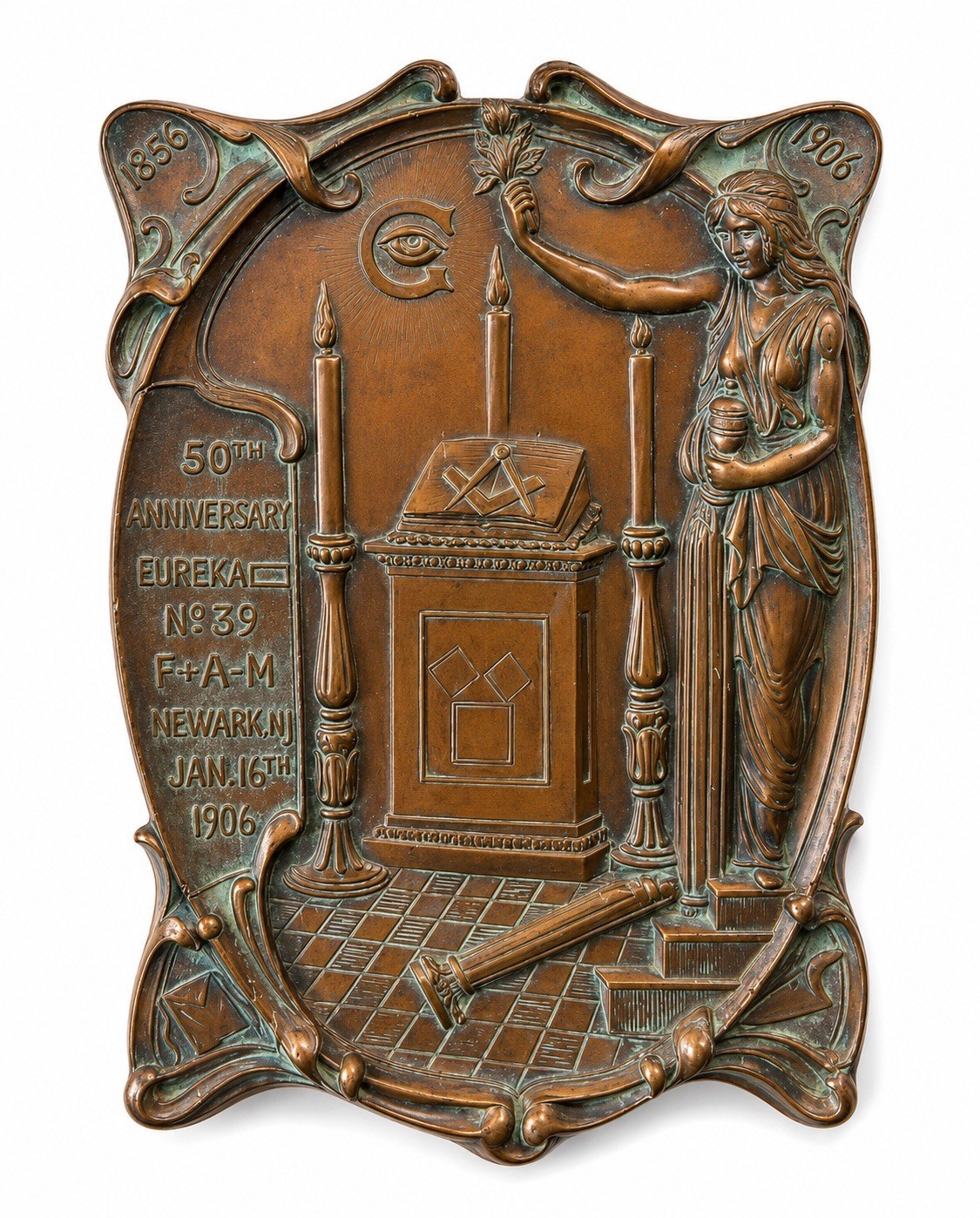 1906 RARE Art Nouveau Masonic Bronze Plaque Eureka Lodge No 39 Newark NJ