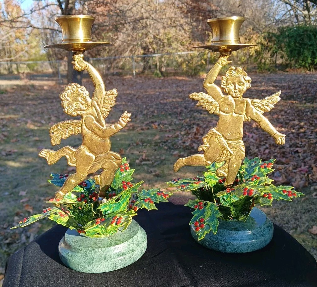 Petites Choses Tole Brass & Enamel Christmas Angels Candle Holders Marble Bases