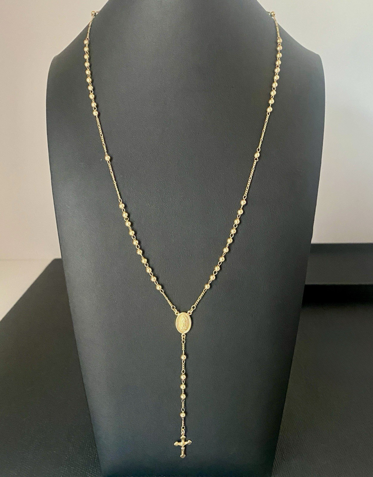 Vintage Gold Heavy Electro-Plated Rosary Bead Necklace w/Crucifix Cross Pendant 