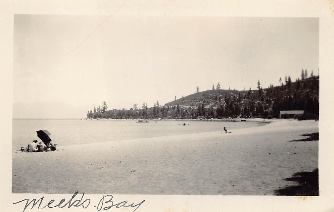 1926 Meek\'s Bay Beach Lake Tahoe 1920s Photo People Blanket Umbrella Sand Trees