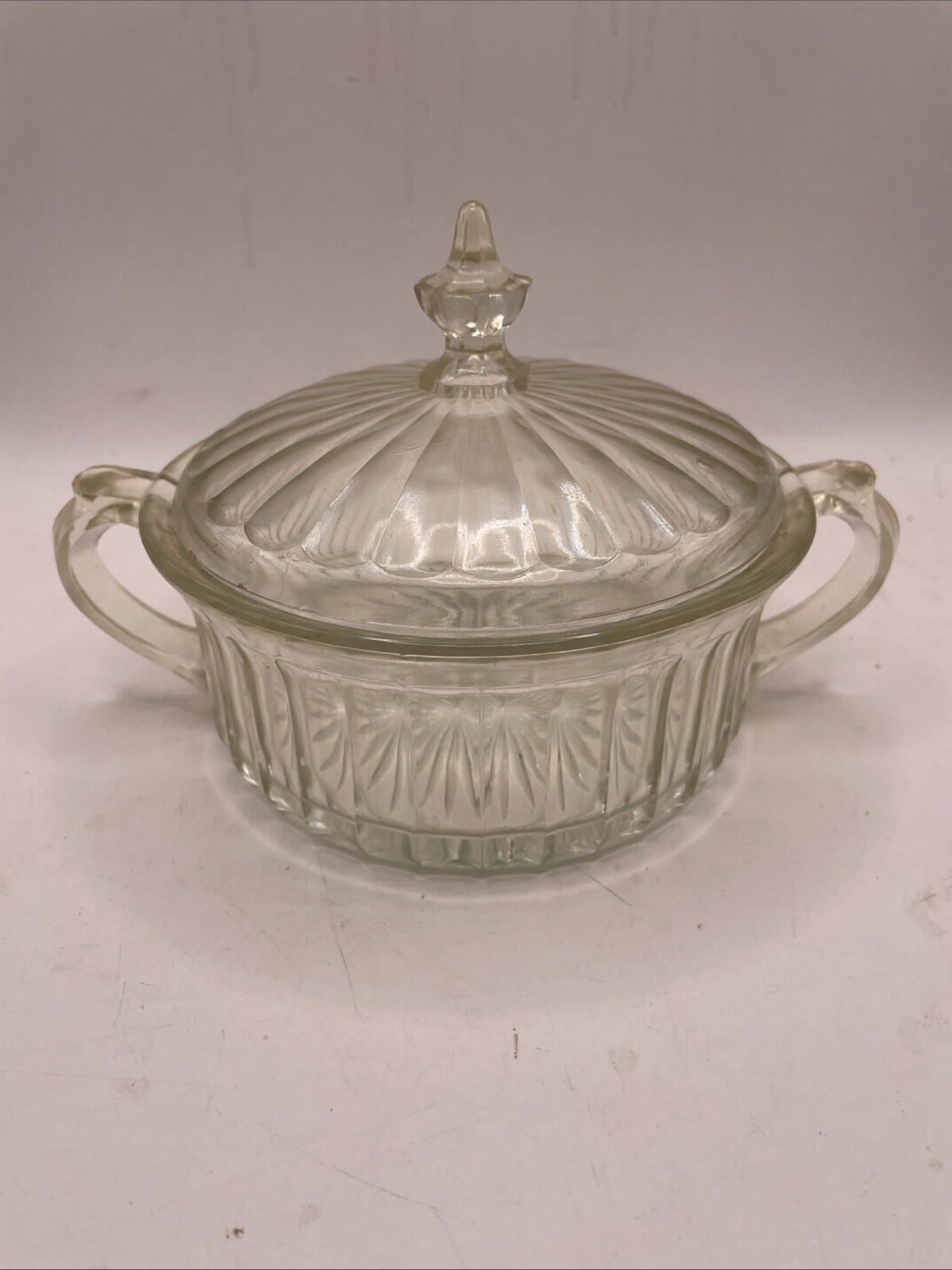 Vintage Heavy Depression Glass Trinket/Candy Dish with Lid Double Handles 1930s