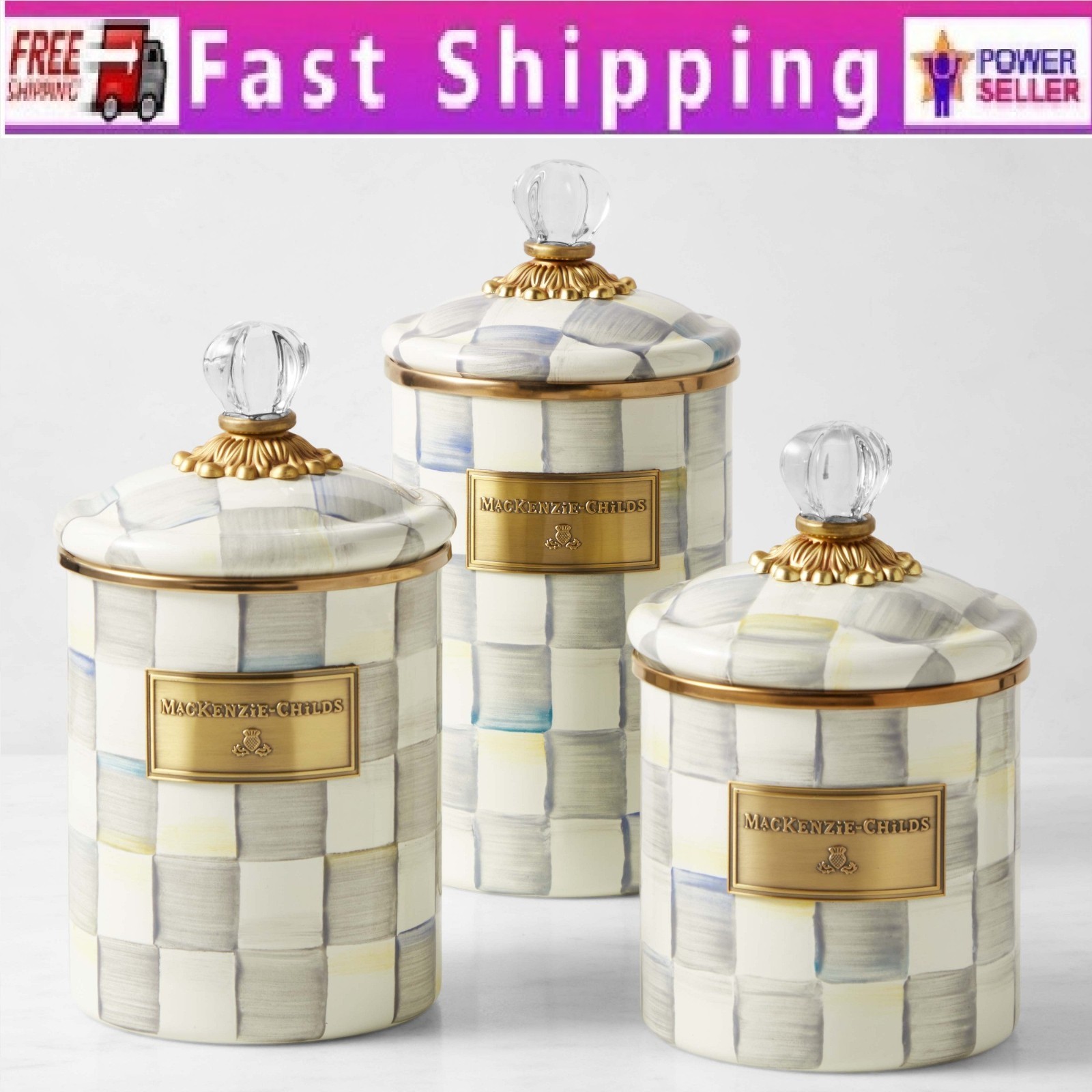MacKenzie-Childs Sterling Check Canister, Set of 3, Stock US-No Import Fees