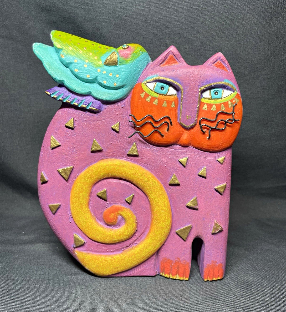 1999 Laurel Burch Signed Cat Figurine w/ Bird Multicolor Kindred Spirits 6”