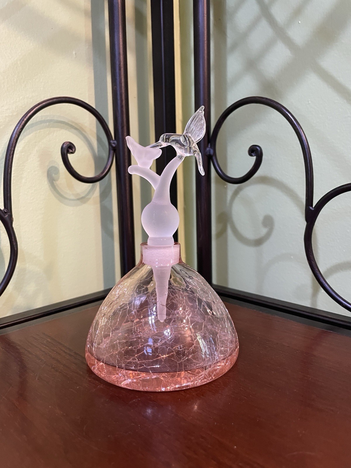 Art Glass Crinkle Perfume Bottle With Crystal White Hummingbird Stopper….HTF